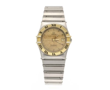 Omega Constellation Chronometer, Herrenquarzuhr, Stahl/Gold, Ref. 398.0876 um 1995, goldf. Zifferblatt mit aufgestezten Punkt
