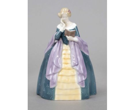 Stehende lesende Biedermeier Dame, Goldscheider Wien, um 1911/12, Entwurf Ida Schwetz-Lehmann, Keramik, farbig staffiert, inn