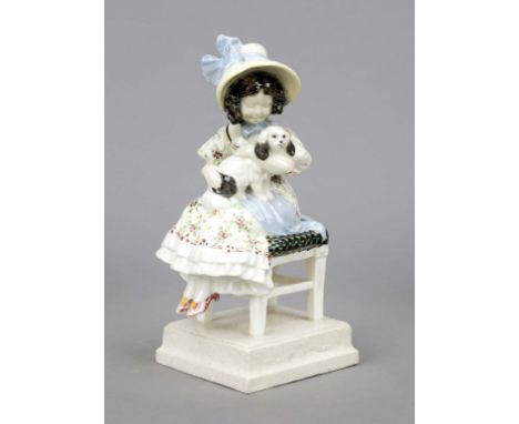 Sitzendes Mädchen mit Schoßhündchen, Goldscheider Wien, um 1913-15, Modellnr. 4545, w. von Petri, Keramik, hellgrauer Scherbe