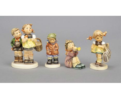 Konvolut aus 4 Hummelfiguren, Goebel, darunter: ''Die Schul' ist aus'', Erste Ausgabe 1997, 1988, sign., polychrom bemalt, Mo