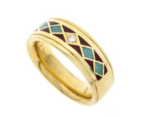 Fabergé Emaille-Ring GG 750/000 mit grüner und brauner Emaille sowie mit einem Brillanten 0,03 ct TW-W/VVS-VS, B. 8 mm, RG 54