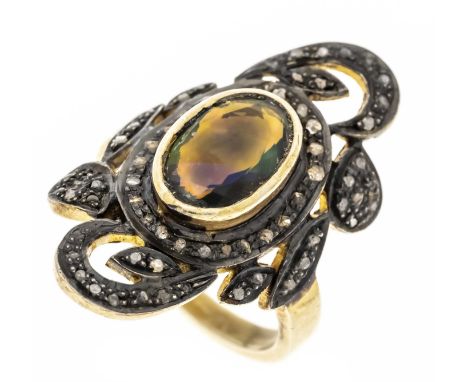 Opal-Diamant-Ring GG 585/000 und geschwärztem Silber, mit einem oval fac. synth. Opal 11,1 x 7,5 mm und 68 Diamantrosen, RG 5
