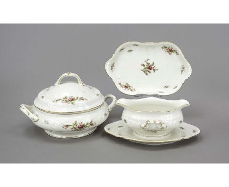 Drei Serviceteile, Rosenthal, 20. Jh., Form Sanssouci, beiger Scherben, polychromer Rosendekor, ziervergoldet, runde Deckelte
