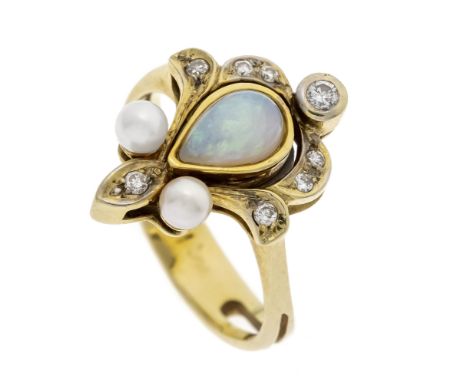 Opal-Perlen-Ring GG 585/000 mit einem tropfenförmigen Opal-Cabochon 7 x 4,7 mm in gutem Farbenspiel, 2 weißen Zuchtperlen 3,3