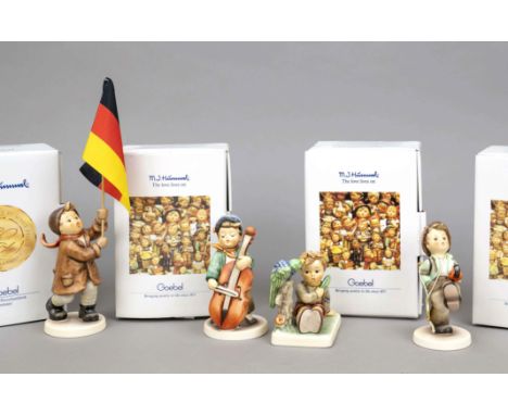 Konvolut aus 4 Hummelfiguren, Goebel, darunter: ''Hinaus in die Ferne'', Letzte Ausgabe 1991, sign., polychrom bemalt, Modell
