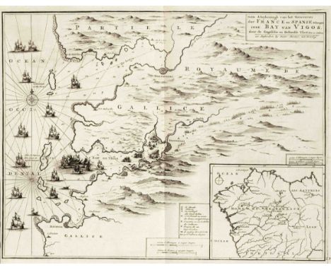Historische Karte der Seeschlacht bei Vigo im Spanischen Erbfolgekrieg, ''Nette Afteykeningh van het veroveren der France en 