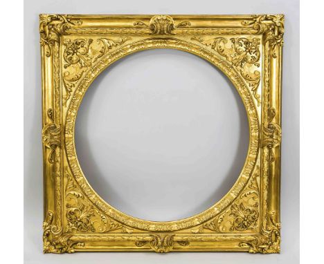 Großer Tondo-Rahmen im Renaissance-Stil, 20. Jh., Holz mit Blattvergoldung. Es handelt sich wohl um eine Replik des Rahmens d
