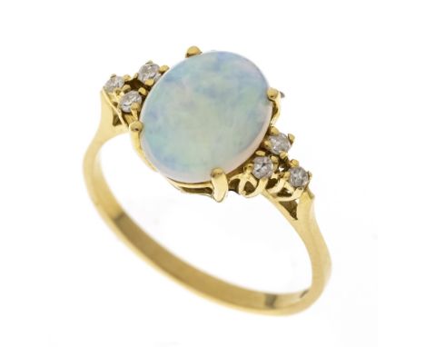 Opal-Diamant-Ring GG 750/000 mit einem ovalen Opal-Cabochon 10 x 8 mm mit schönem blaugrünem Farbenspiel, sowie mit 6 Achtkan
