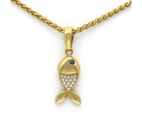 Chopard Motiv-Anhänger GG 750/000 mit einem rund fac. Saphir 2,2 mm Blau und 15 Brillanten, zus. 0,075 ct W/VS, L. 28 mm, 260