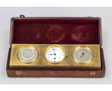 Wetterstation mit Uhr, Barometer und Thermometer in Schatulle, Frankreich 19. Jh., Messingkorpus rechteckig, oben angeschrägt