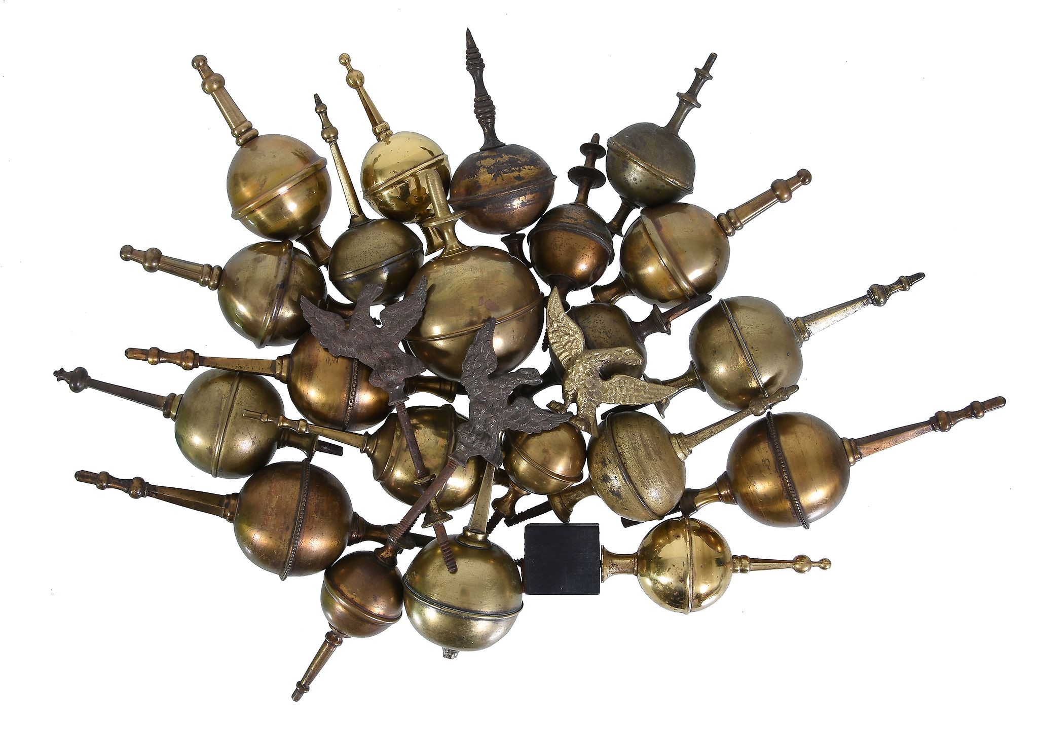 A quantity of brass longcase clock finials Anonymous, 18th century and