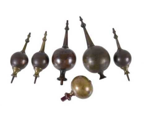  A group of six cast brass longcase clock finials Anonymous, late 17th / early 18th century  Comprising a rare ovoid example 