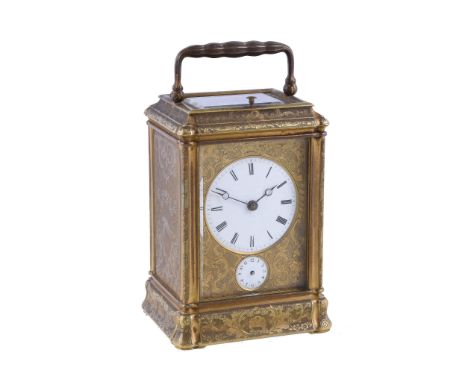  A fine French engraved gilt brass  gorge   cased petit sonnerie striking small carriage clock with push-button repeat and al