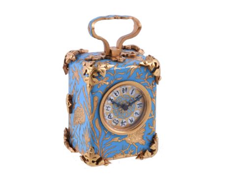  A fine miniature engraved gilt brass and blue champlevé enamel  Japonesque  carriage timepiece Retailed by Le Roy and Fils, 