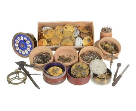  A quantity of mainly English watch parts Various makers, mid 18th century and later  Including an incomplete continental clo