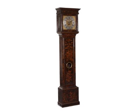  A Queen Anne tortoiseshell japanned eight-day longcase clock James West, London, early 18th century  The five finned pillar 