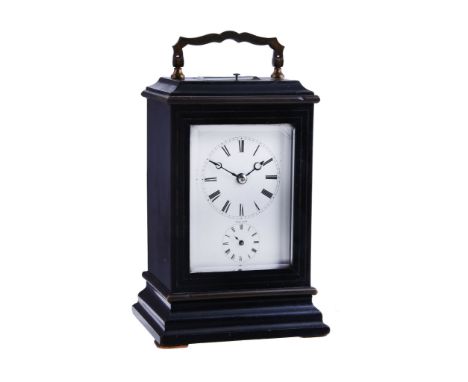  A Swiss brass inlaid ebonised carriage clock with push-button repeat and alarm The dial signed for Barevise, mid 19th centur