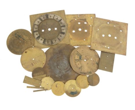  Three early table clock dial plates Various makers, late 17th century  The first 6.75 ins square with matted centre and sign