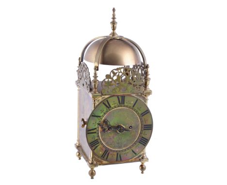  A Victorian gilt brass quarter striking lantern clock  The dial bearing spurious signature for Joseph Windmill, London, circ