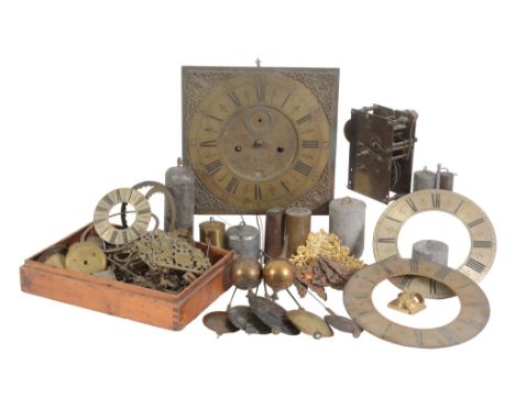  A quantity of English longcase and lantern clock table clock parts Anonymous, early 18th century and later  Including a semi