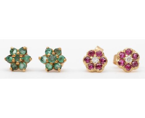 A 9ct gold ruby and diamond pair of ear studs and a emerald cluster pair, 1.8gm 
