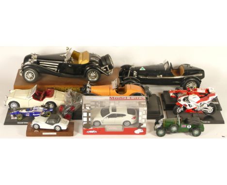 A collection of model cars and bikes, to include a Mercedes Benz 500K Roadster (1936), a Burago Bugatti Type 55 (1932), a Hot