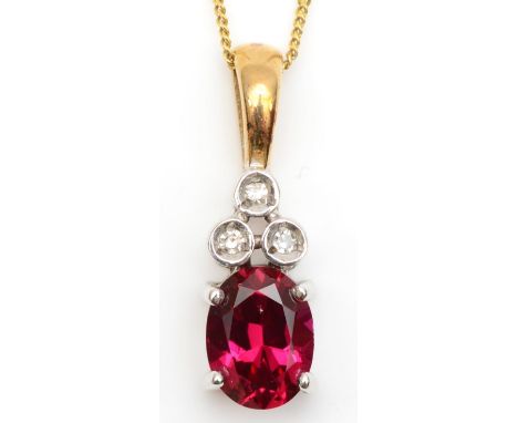 A 9ct gold synthetic ruby and diamond drop pendant, 20mm overall, 2.3gm 