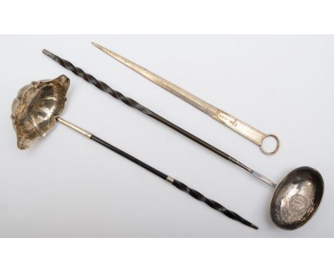 A George III silver and whalebone toddy ladle, London 1771,  an unmarked example inset with a 1757 coin, and an electroplated