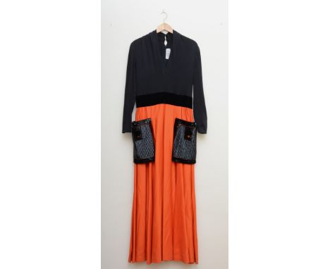 Doree Leventhal Ltd long sleeved, orange and black, full length dress with sequinned black patch pocket. Chest 36", Waist 32"