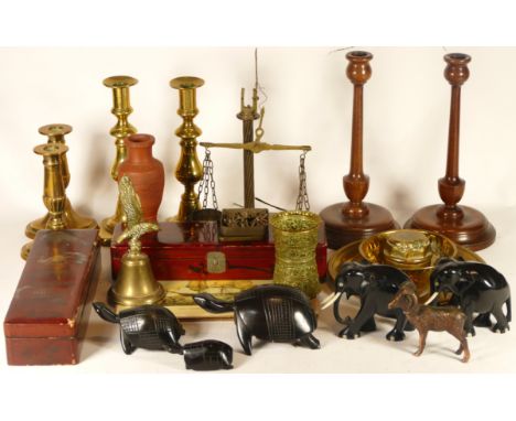 A collection of metalwares and related items, to include a Bartlett &amp; Sons scales, a cooper kettle, turned wood candle st