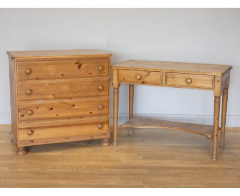 A stained pine (possibly Ducal) chest of drawers, four drawers with bun handles, on bun feet, 88 x 82 x 45cm, together with a