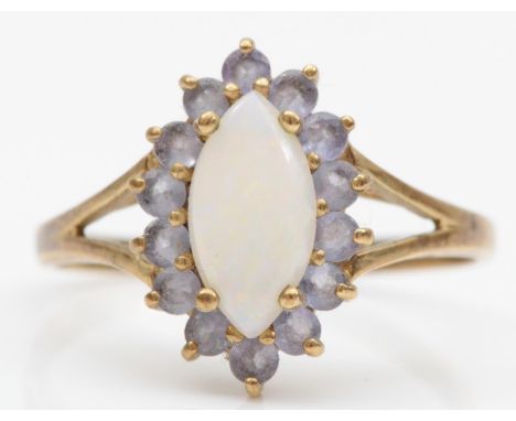 A 9ct gold opal and tanzanite cluster ring, P, 2.1gm 