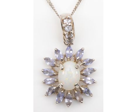 A 9ct white gold opal and tanzanite cluster pendant, 25mm overall, chain, 2.9gm 