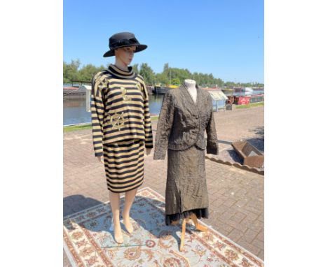 Escada by Margaretha Ley, black and gold striped vintage 1980's roll neck top with applique detail and matching skirt, size 3