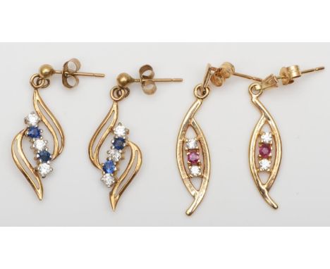 A 9ct gold pair of sapphire and CZ ear rings and a ruby and CZ pair, 3gm 