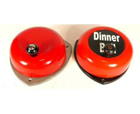 A Made In England Taco fire alarm bell, wall mounted, manual turn, painted cast metal, 22cm diameter, together with a 'Dinner