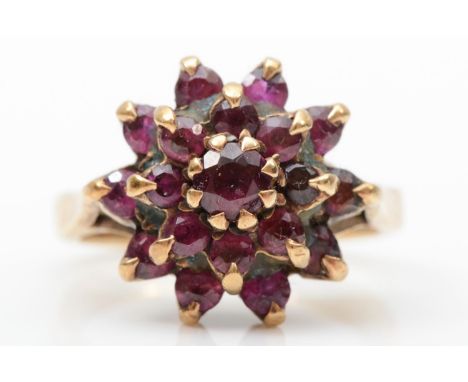 A 9ct gold ruby cluster ring, I, 4.6gm 