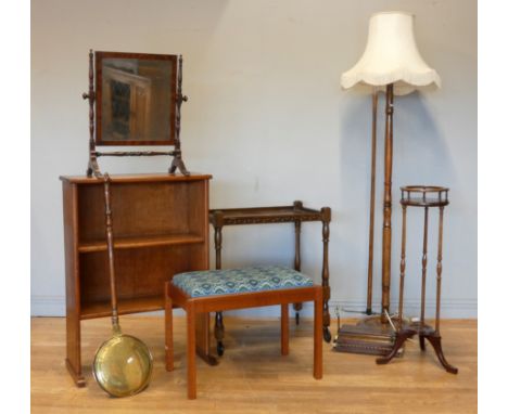 A collection of furniture and decorative items, to include a mid 20th century bench, with padded upholstered seat, a early 20