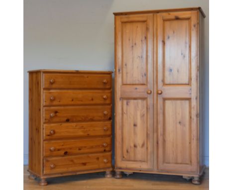 A Ducal stained pine chest of drawers, six equally sized drawers with bun handles, on bun feet, 88 x 120 x 42cm, together wit