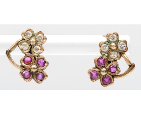 A vintage pair of rose gold ruby and diamond ear studs, tests as 9ct gold, screw fitting, 3 
