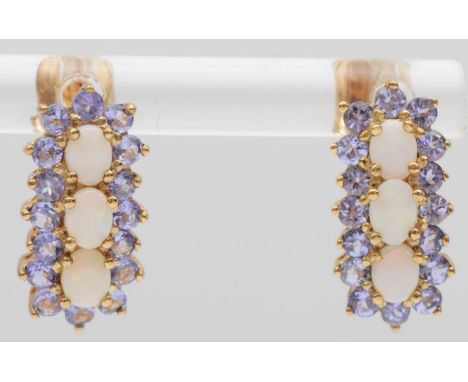 A 9ct gold pair of tanzanite and opal earrings, 14mm, 2.5gm 