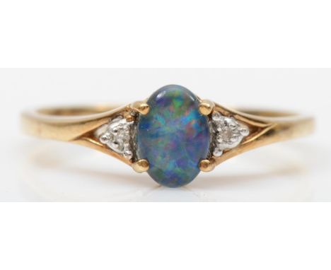 A 9ct gold opal doublet and diamond ring, R, 2.2gm 