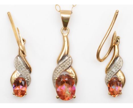 A 9ct gold mystic topaz and diamond pendant and matching ear ring suite, 3.2gm 