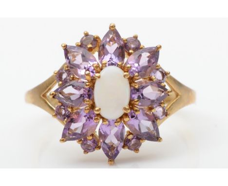 A 9ct gold opal and amethyst cluster ring, P, 2.3gm 