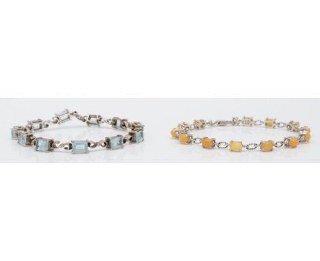 A silver and opal line bracelet, 19.5cm and a silver and topaz bracelet, 18cm, 20gm, both boxed 