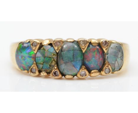 A 9ct gold opal triplet five stone ring, Q, 2.3gm 