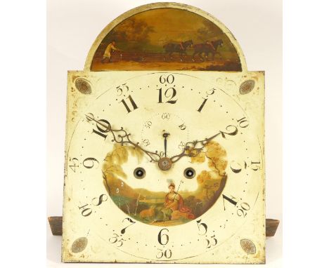 A longcase clock movement and dial, movement unsigned, striking to bell, hand painted dial with Arabic numbers and minute mar