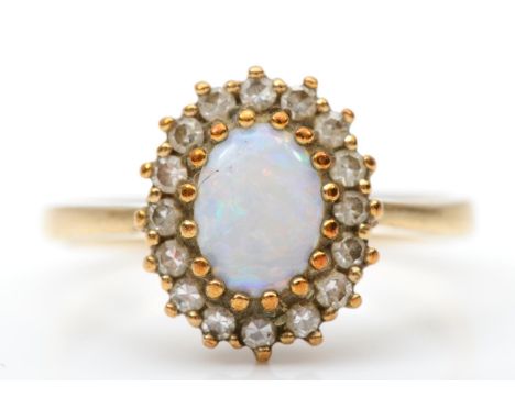 A 9ct gold opal and diamond cluster ring, J, 2.3gm 