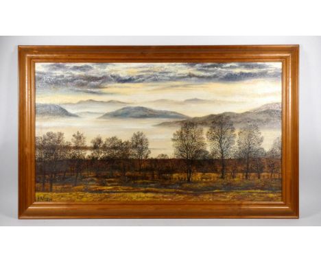 Geoff Riley, contemporary Scottish, Winter over Loch Lomond, oil on board, 33 x 58, signed and dated 98, label verso, another