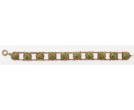 A vintage unmarked silver gilt and enamel panel link bracelet, 18cm, 14gm 